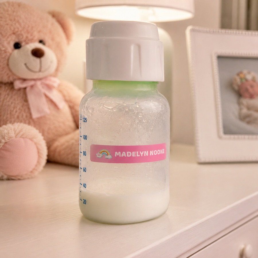 Name label on a baby bottle