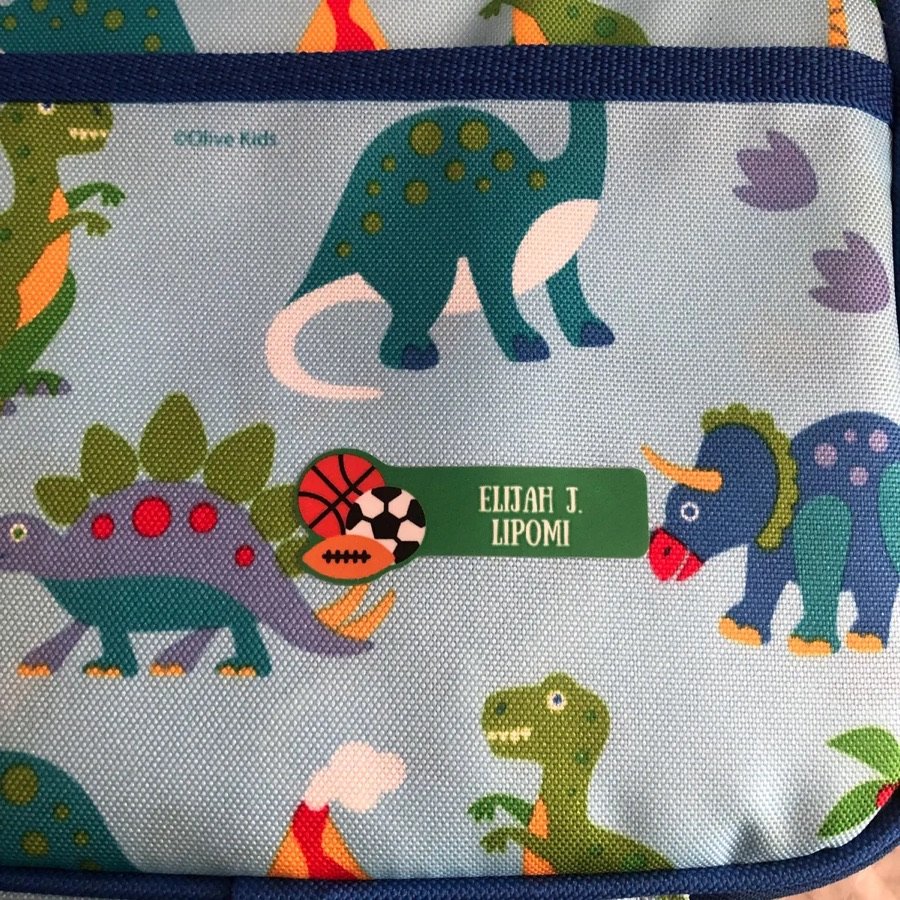 Name label on a dinosaur lunch bag