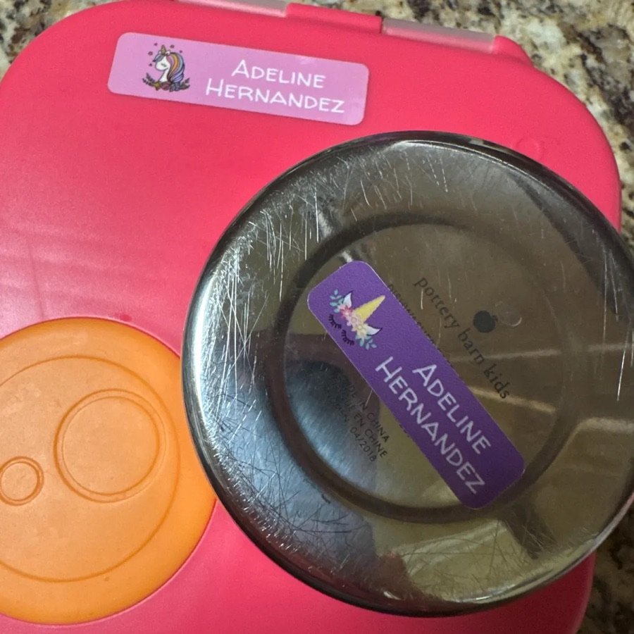 Name labels on a lunch box and container lid