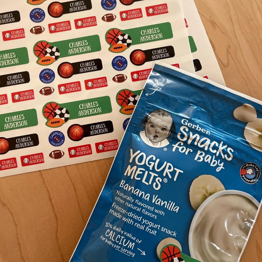 Sports label sheet next to a snack pouch
