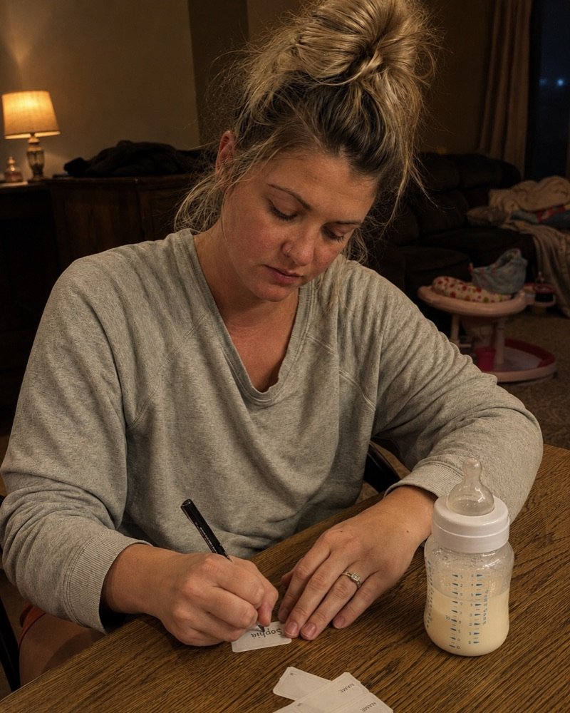 A mother at the kitchen table late at night, handwriting her daughter's name on a blank label next to a bottle