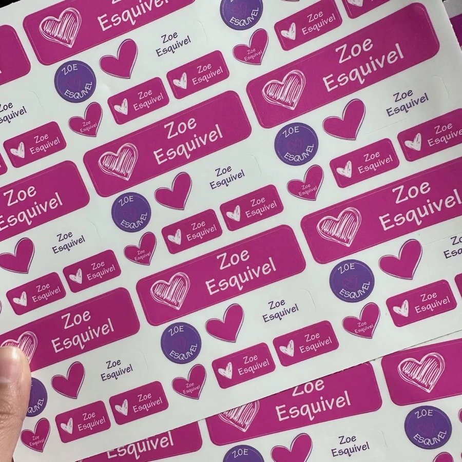 Printed sheet of heart name labels