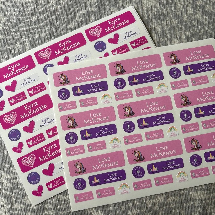 Two printed label sheets side by side